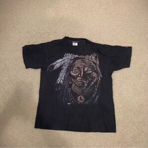 Vintage 90s Oneita Single Stitch Indian Wolf Black T-Shirt Men’s Size Large